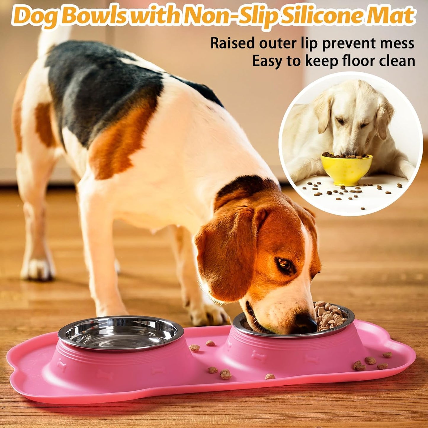 2 Stainless Steel Dog Bowl with No Spill Non-Skid Silicone Mat