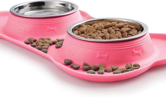 2 Stainless Steel Dog Bowl with No Spill Non-Skid Silicone Mat 