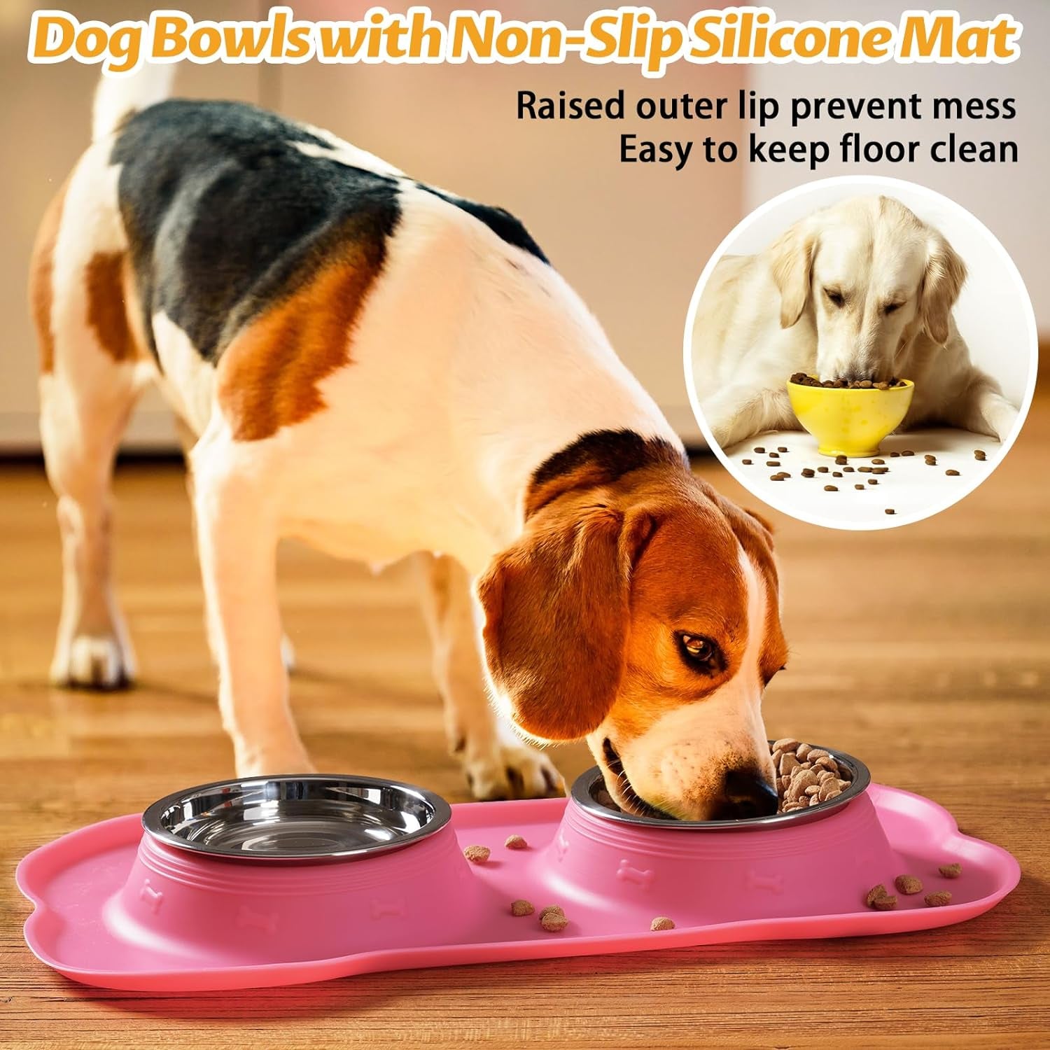 2 Stainless Steel Dog Bowl with No Spill Non-Skid Silicone Mat 