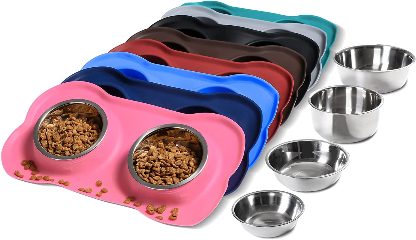 2 Stainless Steel Dog Bowl with No Spill Non-Skid Silicone Mat 