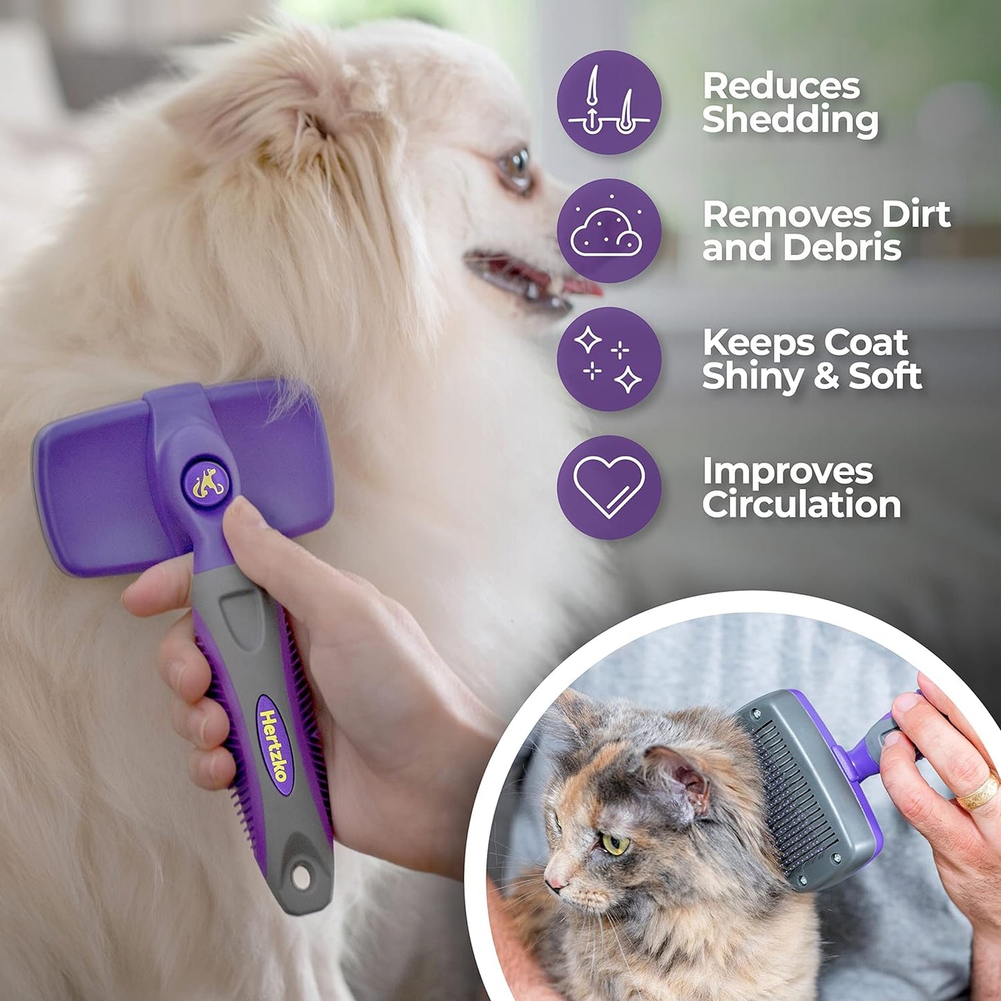 Hertko Dog & Cat Brush, Dog Brush for Shedding, Cat & Dog Grooming, Self Cleaning Slicker Brush for Pets, Grooming Brushes for Long Short Haired Dogs Cats, Deshedding Brush, Rake, Comb Sensitive Skin